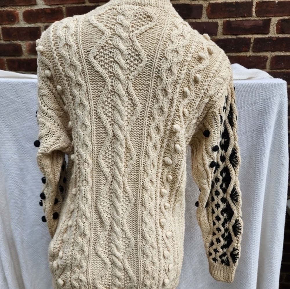 Vintage Cotton Ramie Popcorn Cable Knit Sweater Black Cream M/L - Picture 13 of 16